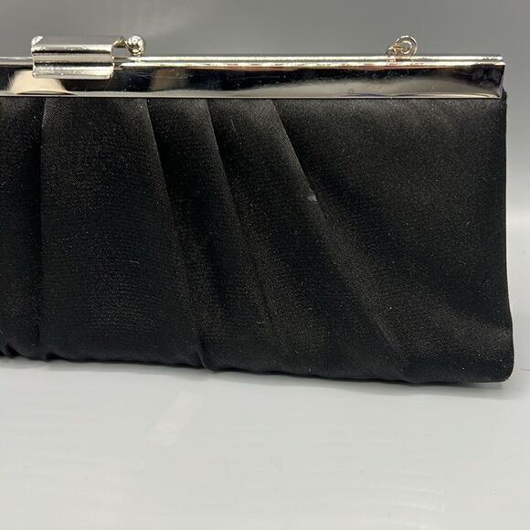 Jessica McClintock Satin Black Frame Clutch with Silver Shoulder Chain - Picture 6 of 7